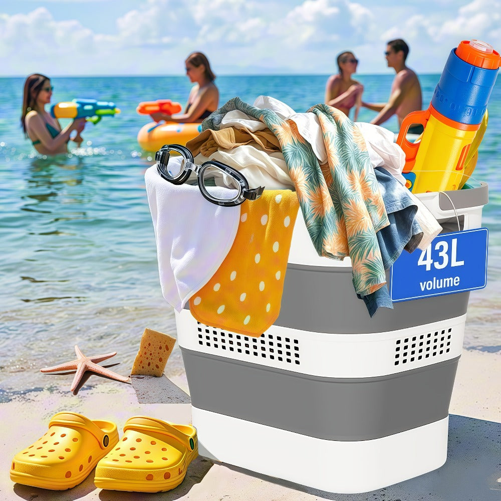 Collapsible 43L Laundry Basket in Grey with Carry Handles, Single or 2-Pack Folding Checkout Options
