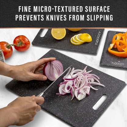 Plastic Cutting Board Set 3 Piece – BPA-Free Kitchen Chopping Boards with Easy-Grip Handle, Non-Porous Surface, Two-Tone Color-Coded Large Medium Small Sizes for Meat Vegetables Fruits