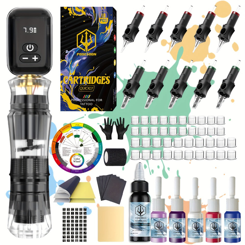 Tattoo Machine Kit POSEIDON PS090-161 Wireless Rotary Pen with 1400mAh Battery, Display, 10 Cartridges and 6 Inks