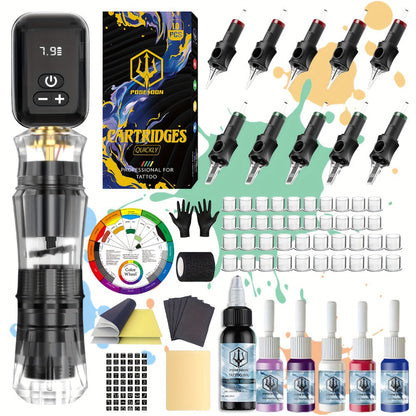 Tattoo Machine Kit POSEIDON PS090-161 Wireless Rotary Pen with 1400mAh Battery, Display, 10 Cartridges and 6 Inks
