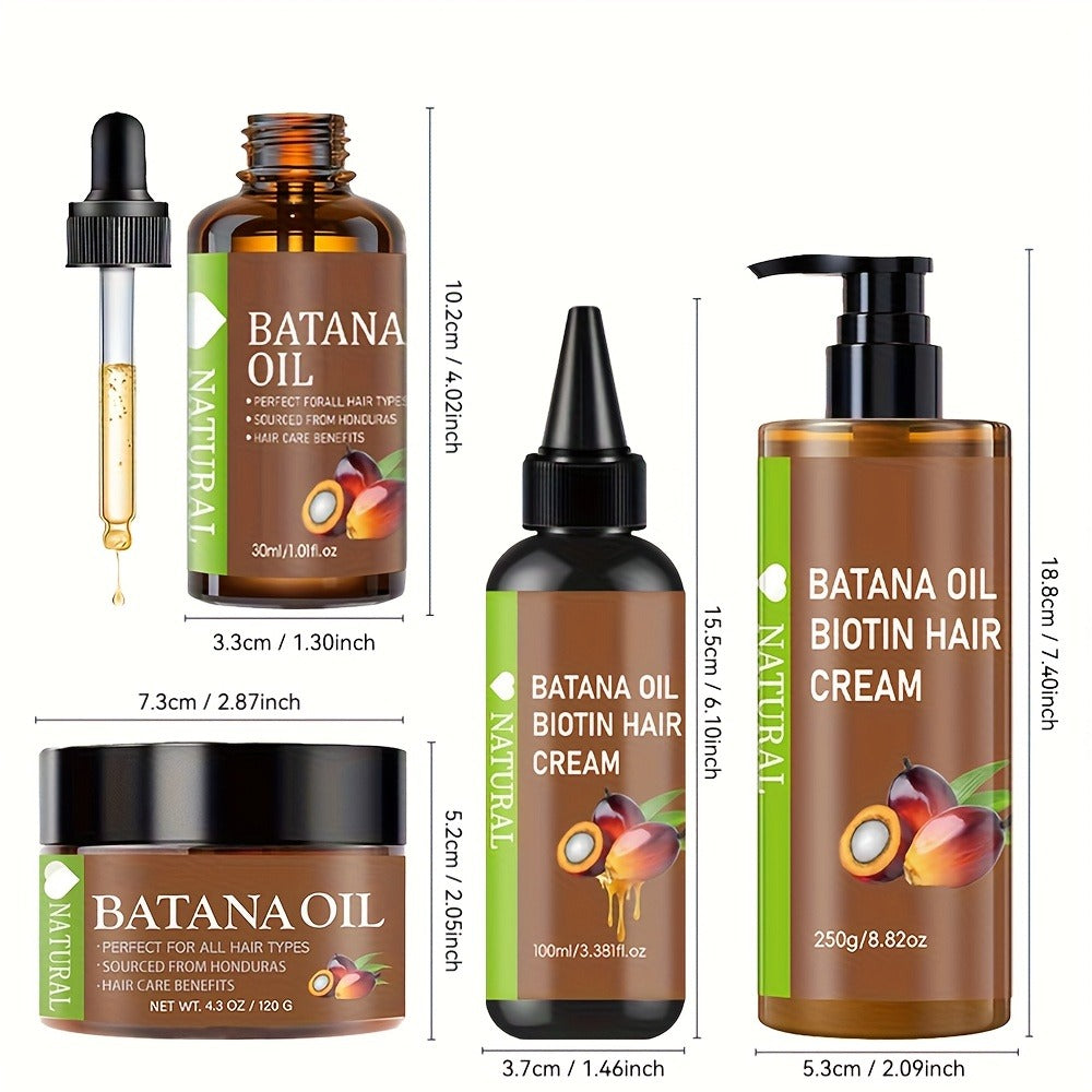 Four-Piece Batana Hair Care Set with Coordinated Oil and Cream Containers in Assorted Sizes
