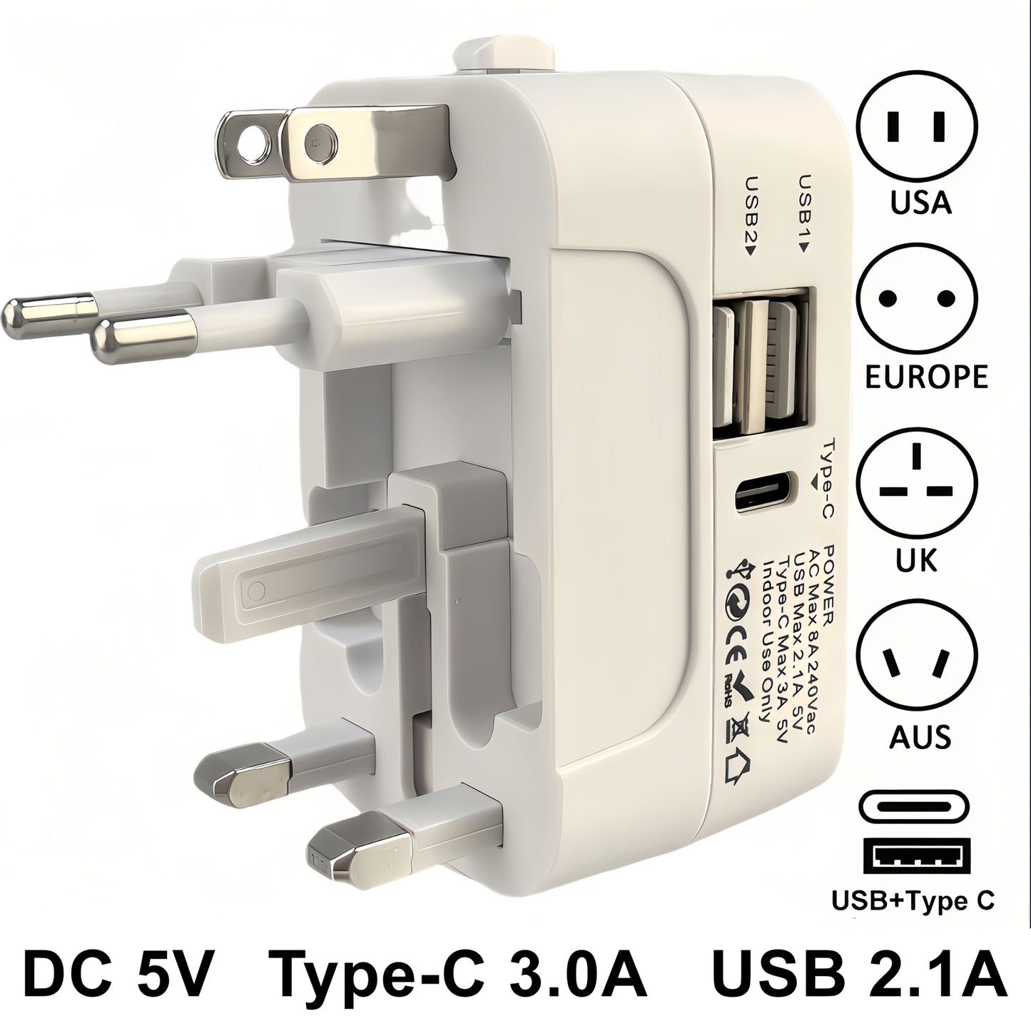 Universal Travel Adapter with Surge Protection - 2 USB & Type-C Ports, All-in-One International Plug for 350+ Countries, 100-240V Input, Fast Charging, Compact Lightweight Design, White & Black