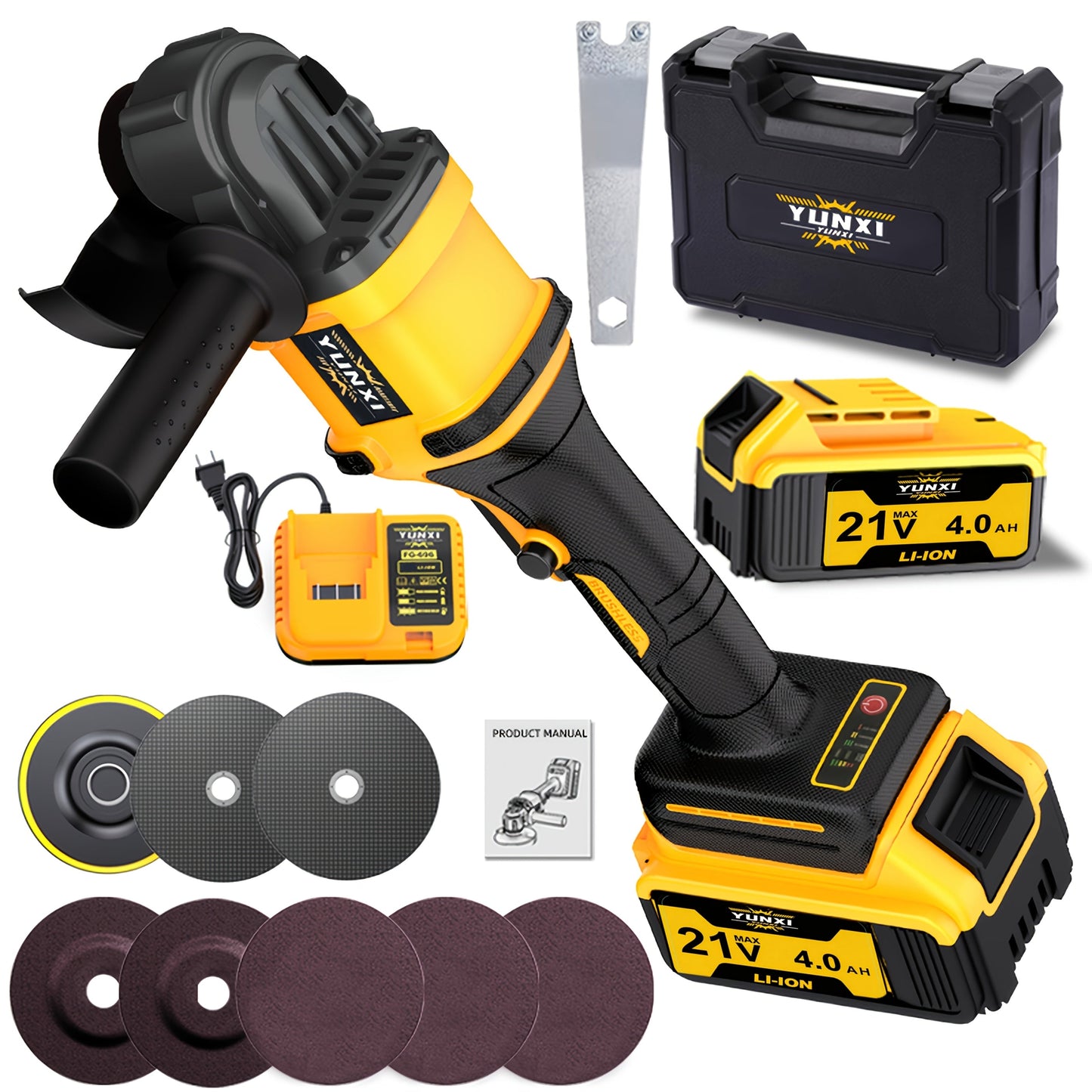 Power Tools YUNXI Cordless Angle Grinder with Rechargeable Battery, Polishing Accessories and Case Options