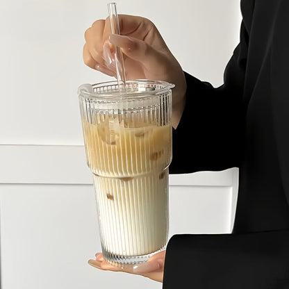 Vintage Striped Drinking Glasses with Glass Straws – 19oz High Borosilicate Iced Coffee Cups Set for Juice, Smoothies & Parties, Thick & Durable Glassware Gift Set (2 or 4 Pack)