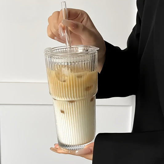 Vintage Striped Drinking Glasses with Glass Straws – 19oz High Borosilicate Iced Coffee Cups Set for Juice, Smoothies & Parties, Thick & Durable Glassware Gift Set (2 or 4 Pack)