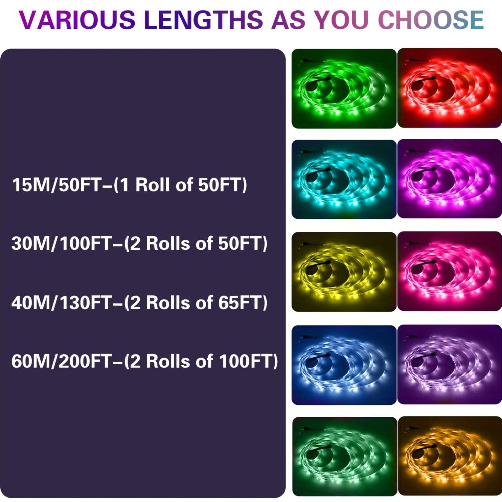 Music Sync LED Strip Lights with APP & 24-Key Remote - RGB Color Changing Built-in Mic USB Plug-and-Play 100FT 130FT 200FT for Bedroom Gaming Room Party Holiday Home Decoration