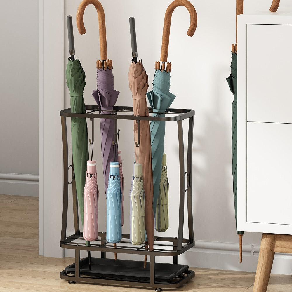 Freestanding Black Metal Umbrella Stand with Four Hanging Slots and Removable Bottom Drip Tray