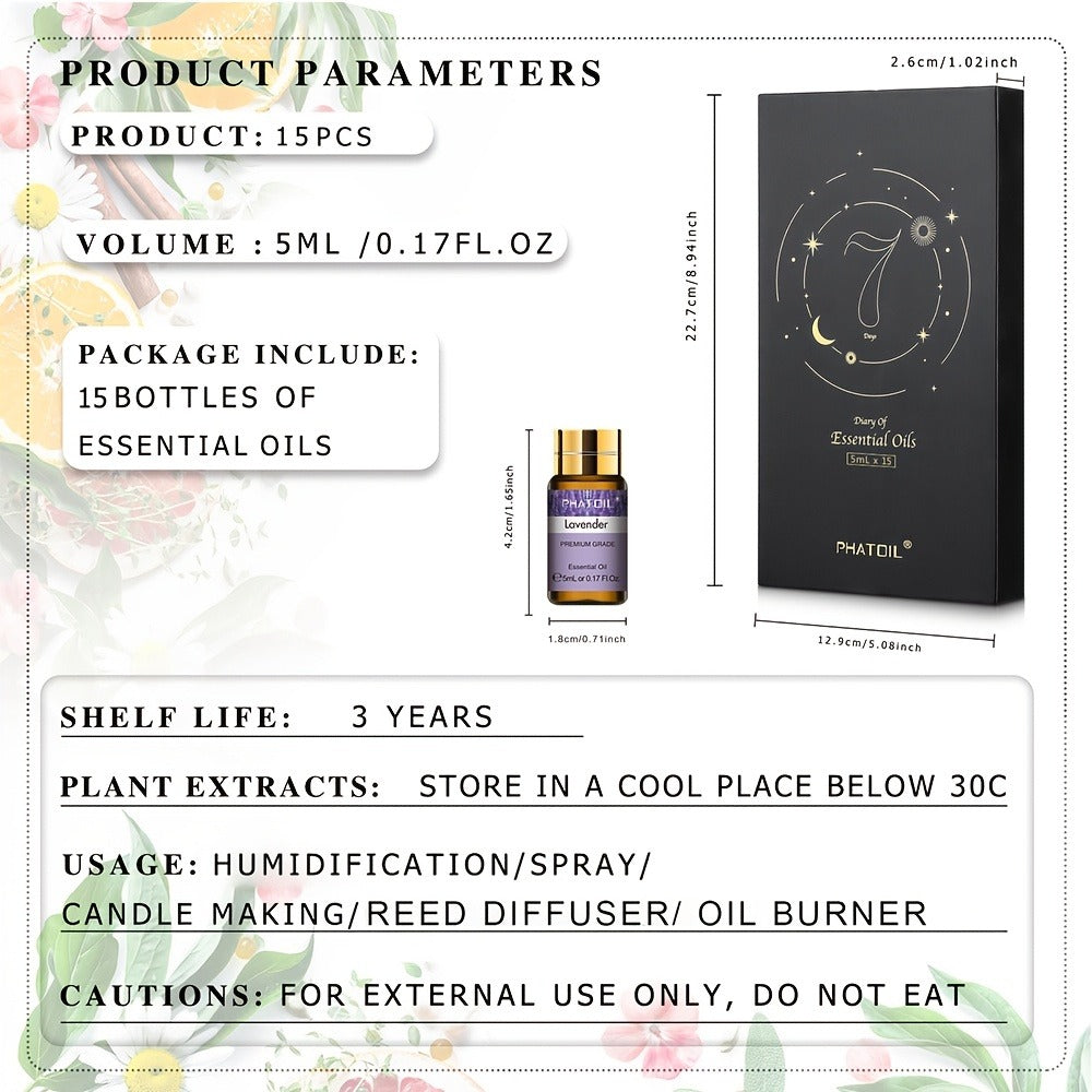 15-Bottle Essential Oil Gift Set with 5ml Assorted Scents in Black Presentation Box for Diffuser Use
