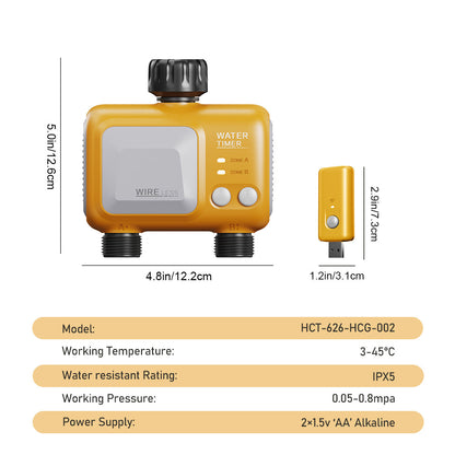 Dual-Outlet WiFi Hose Timer with Gateway, Two Independent Watering Zones and HCT-626-UN Controller