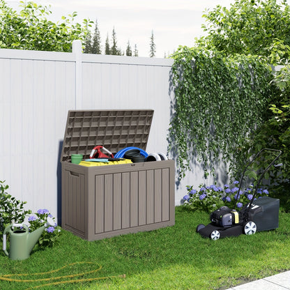 Wood-Grain Resin Deck Storage Box with Lockable Lid in Black or Light Brown Finish Options
