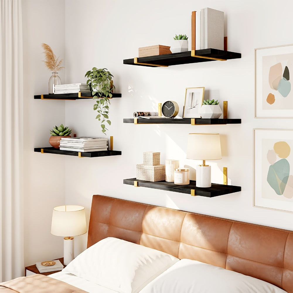 Five-Piece Rustic Floating Shelf Set with Black Metal Brackets in Light Brown, Dark Brown or Black-Gold Finishes