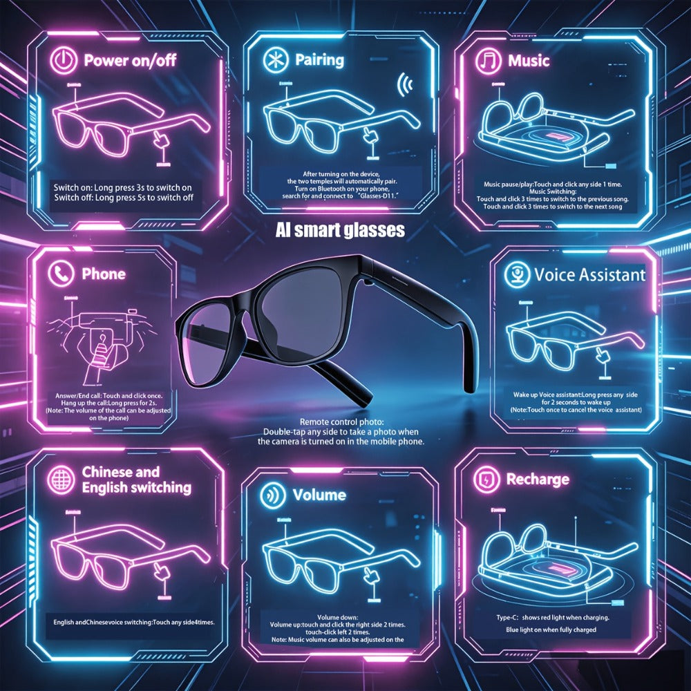 AI Translation Smart Glasses and Smartwatch Set 2026 Real-Time Multi-Language Photo Translation Built-In Mic Speaker Calling Music Full Touch Wearable Tech Bundle Men Women Black Pink Silver