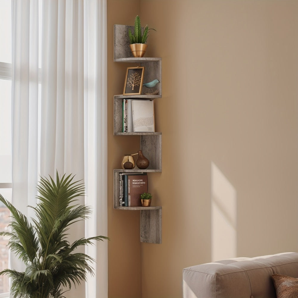 Corner Floating Shelf 5-Tier Wall Mount, Space Saving Storage Rack for Bedroom Living Room, Radial Display Organizer, Easy Install, 7.9"×7.9"×49.6", Black White Brown Greige Beige