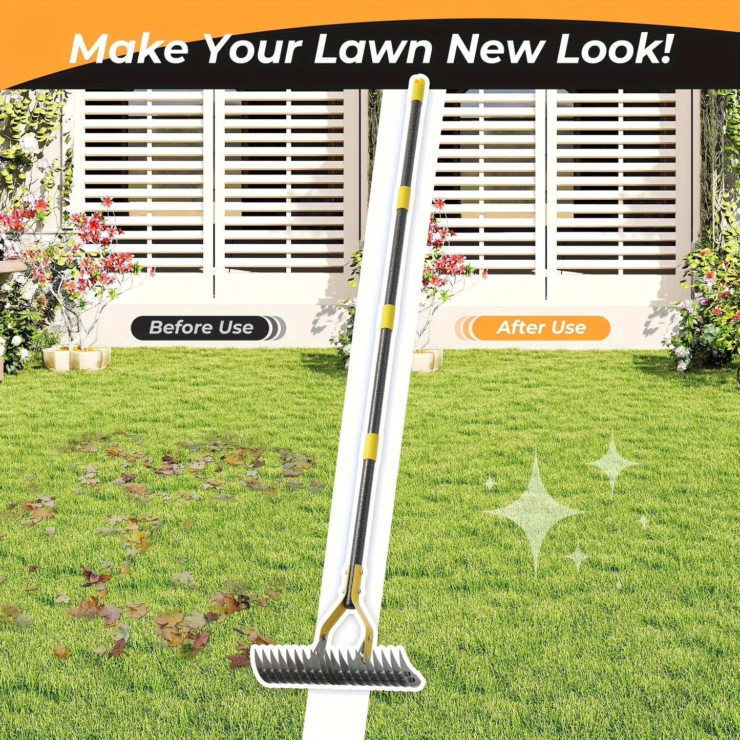 15-Inch Garden Thatch Rake with Curved Metal Teeth and 55- or 70-Inch Sectional Handle Options