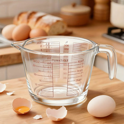 Clear Glass Measuring Cup Set with Pour Spouts, Handles, Red Graduations and One- or Three-Piece Options