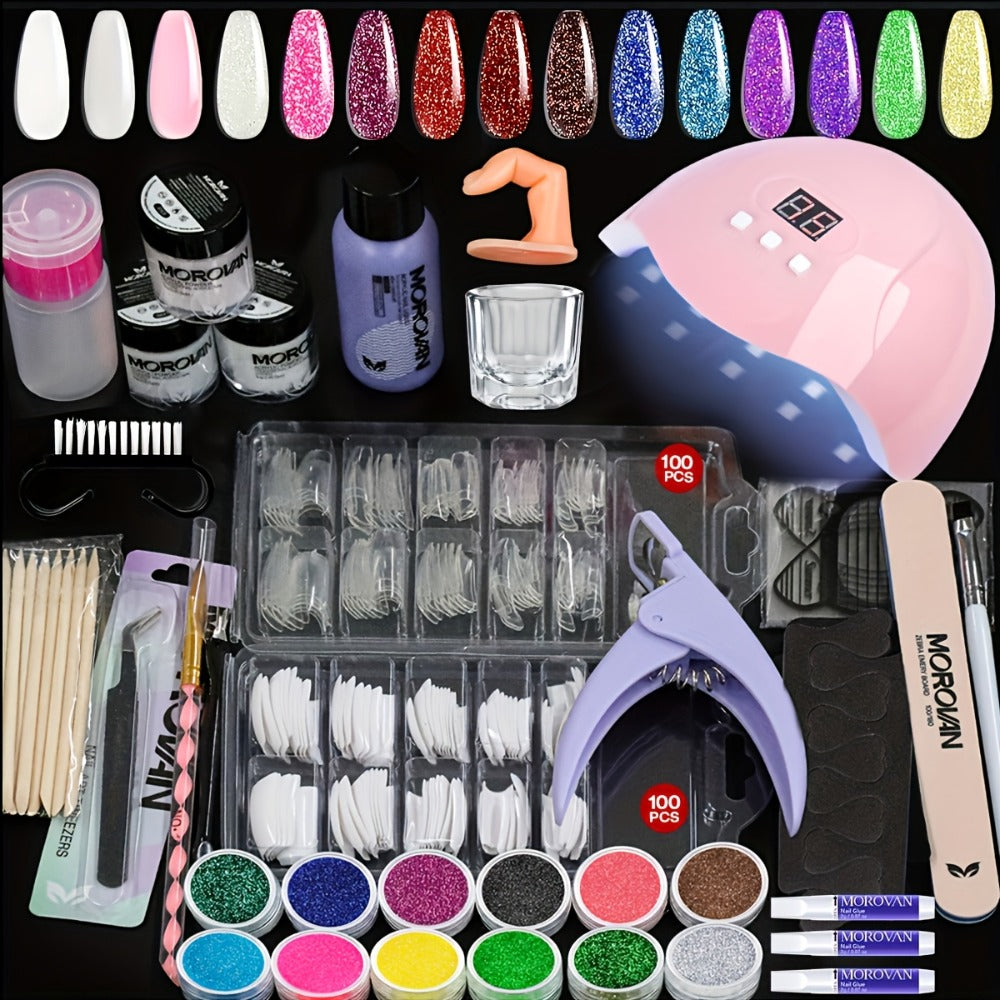 Acrylic Nail Kit MOROVAN with Lamp, 12 Glitter Colors, Three Powders, Nail Tips, Files and Manicure Tools
