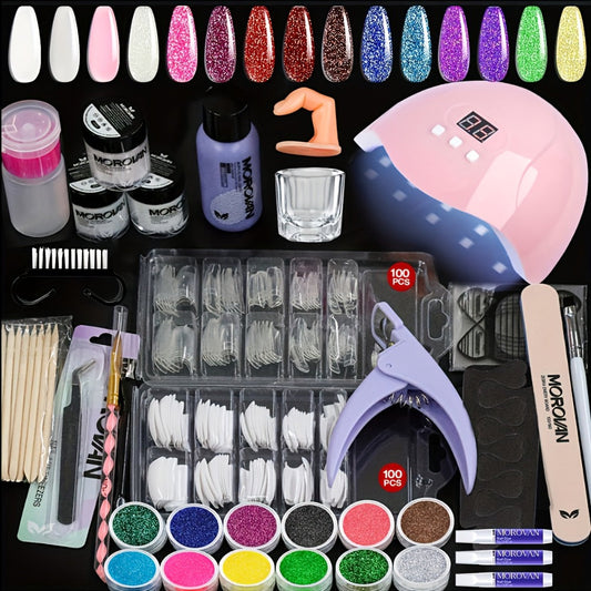 Acrylic Nail Kit with Lamp 12 Glitter Colors Pink Clear White Acrylic Powder Nail Clippers Polish Complete All-in-One Manicure Set for Nail Technicians Beginners