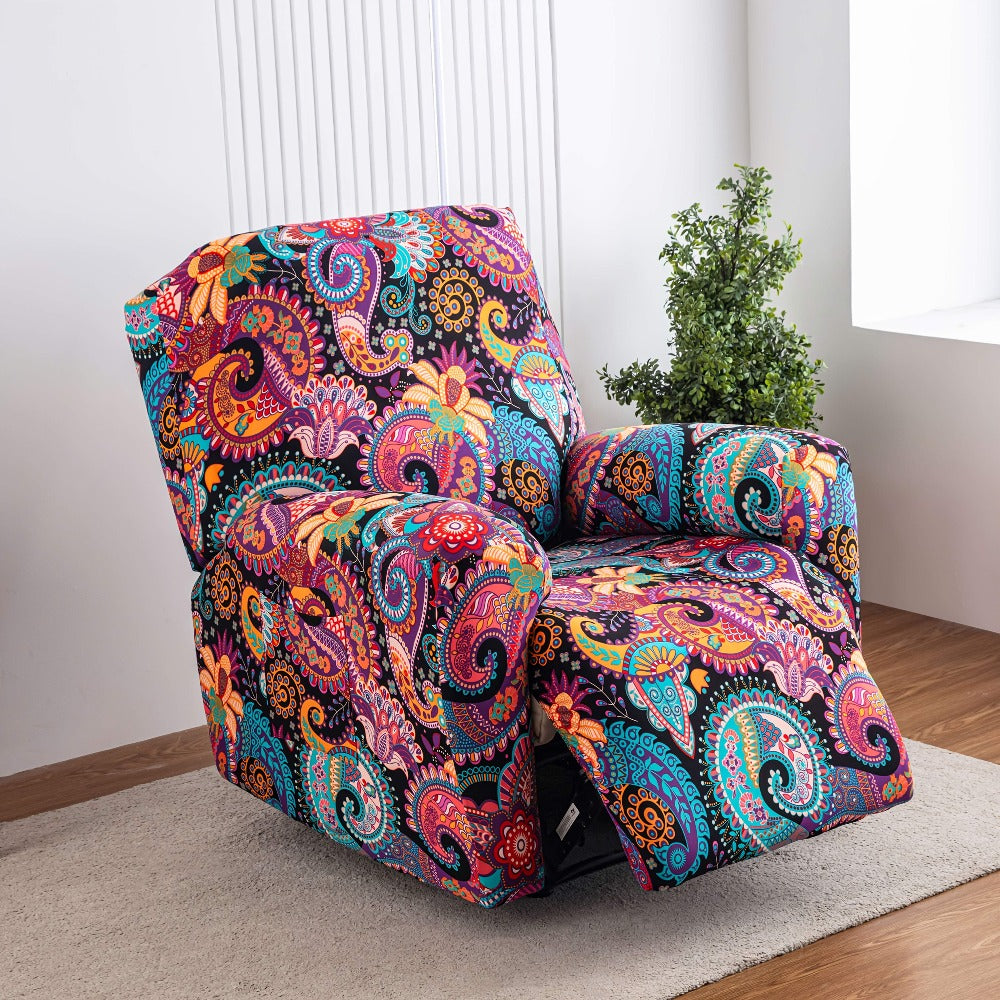 Chair Cover Four-Piece Printed Recliner Slipcover with Side Pockets in Ten Available Pattern Choices