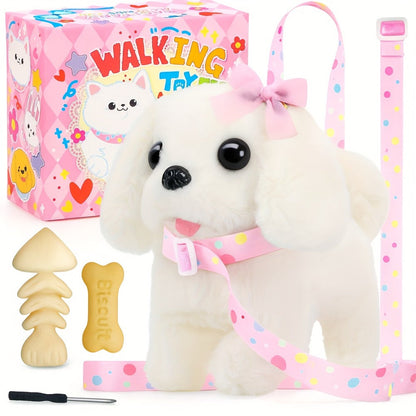 Plush Toy – White Electronic Puppy with Walking, Barking, Tail-Wagging Action, Leash and Bow