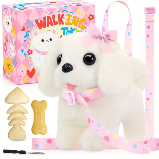 Plush Toy – White Electronic Puppy with Walking, Barking, Tail-Wagging Action, Leash and Bow