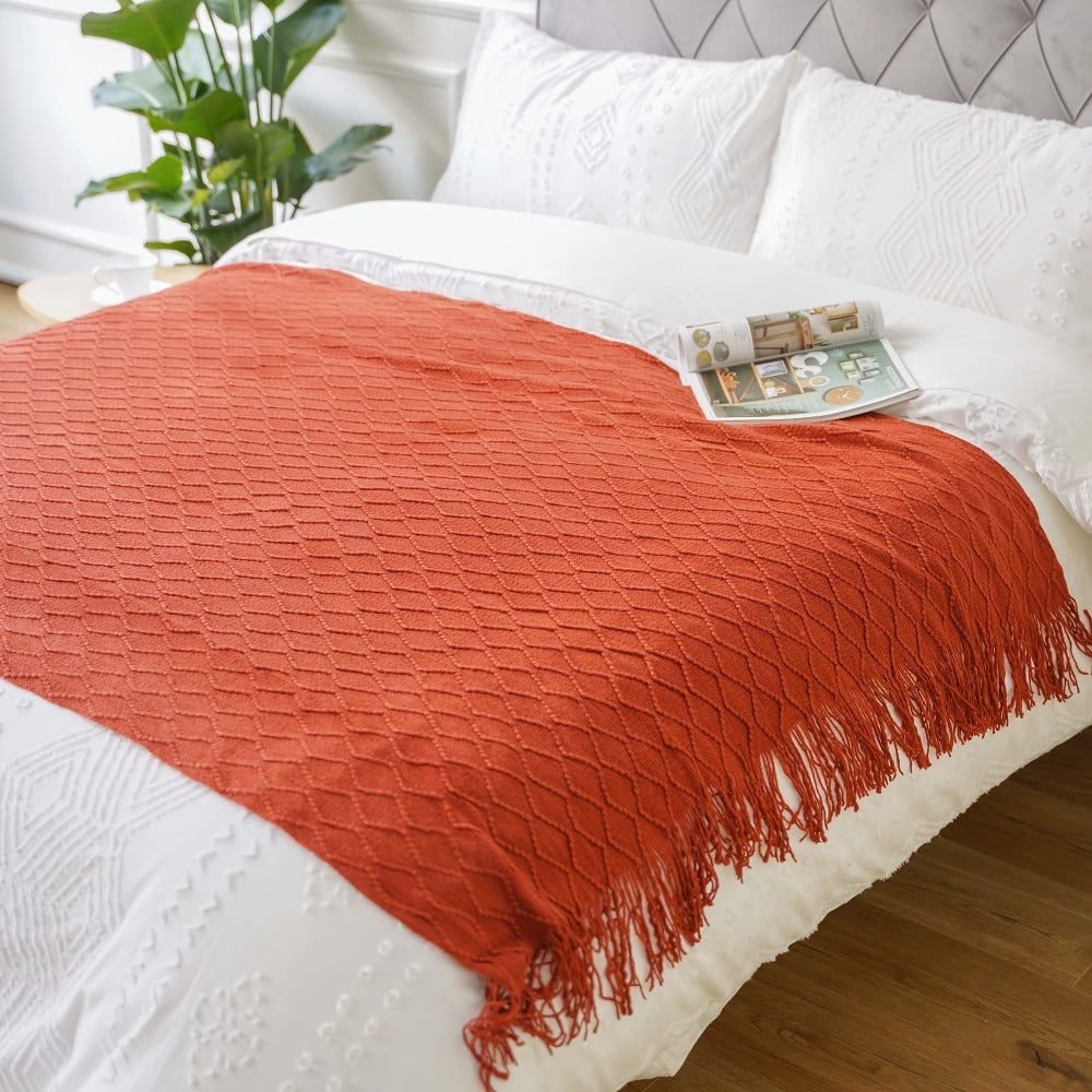 50 x 60-Inch Throw Blanket with Raised Geometric Texture, Tassel Fringe and Six Solid Color Options