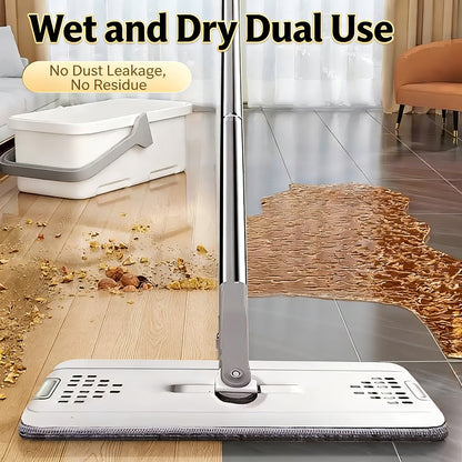 Eight-Piece Flat Mop and Bucket Set with Six Microfiber Pads, Cleaning Gloves and Hands-Free Wringer