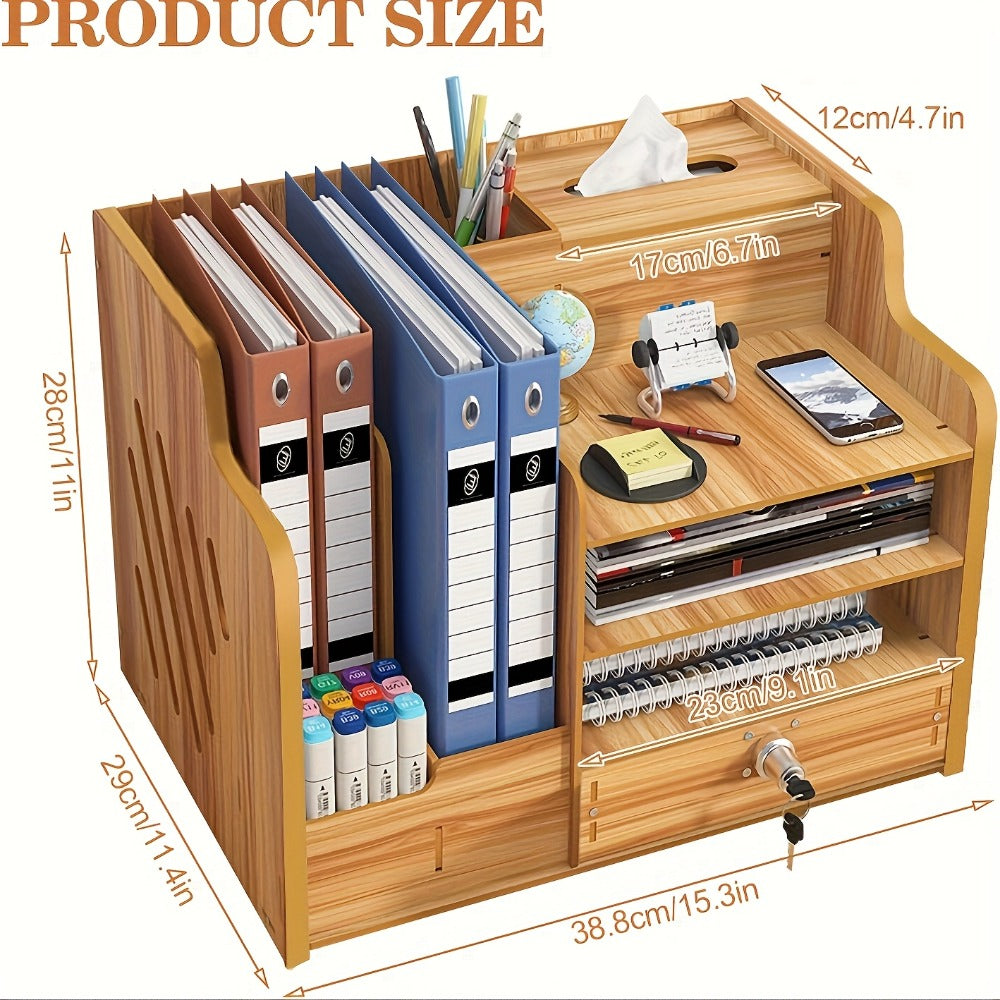 Wooden Desktop Document Organizer with File Slots, Open Shelves, Small Drawer and Approximately 38 cm Width