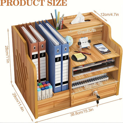 Wooden Desktop Document Organizer with File Slots, Open Shelves, Small Drawer and Approximately 38 cm Width