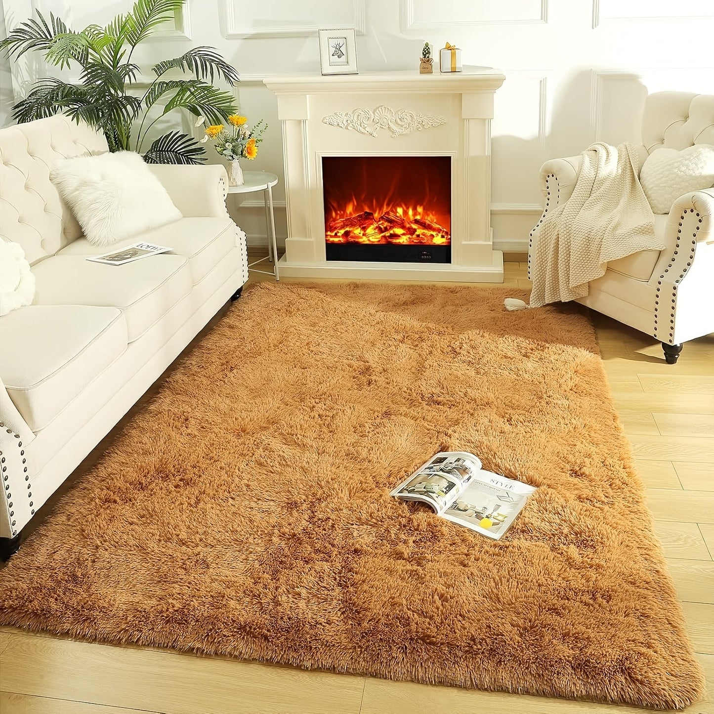 Area Rug Fluffy Faux-Fur Shag in Solid, Tie-Dye and Ombre Colors with Six Retained Room Sizes