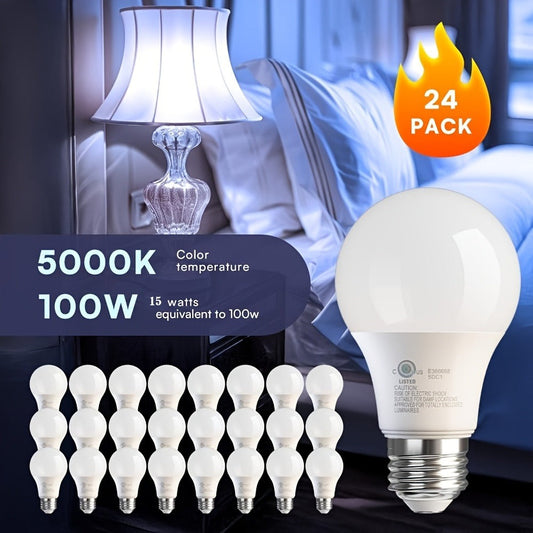 A19 LED Light Bulbs 100W Equivalent, 5000K Daylight White, E26 Base, Non-Dimmable, No Flicker, 1500LM Super Bright – 4/12/24 Pack Bulk LED Bulbs for Home Office Bedroom Living Room