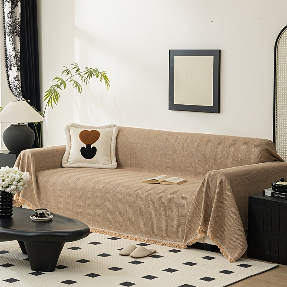 Sofa Cover 71-Inch Herringbone Jacquard Woven Throw with Tassel Fringe in Grey, Coffee, Green or Blue