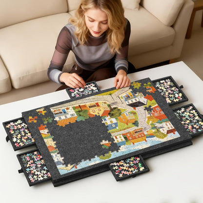 Roll-Up Puzzle Mat Board Extra Large – Foldaway Felt Mat for 1000 & 1500 Piece Jigsaw Puzzles, 6 Sorting Drawers, Portable Roll-Up Storage Solution for Puzzle Lovers Adults Seniors