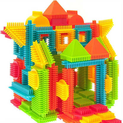 Building Block Set Bristle Construction Pieces, 150-Piece Colorful Interlocking Shapes with Storage Tub