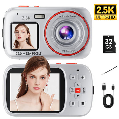 Vintage CCD Digital Camera 72MP 2.5K Vlogging Camera 16X Zoom Auto Focus Dual Screen 32GB Card Retro Compact Camera for Teens Beginners Travel Photography Gift for Girls Boys