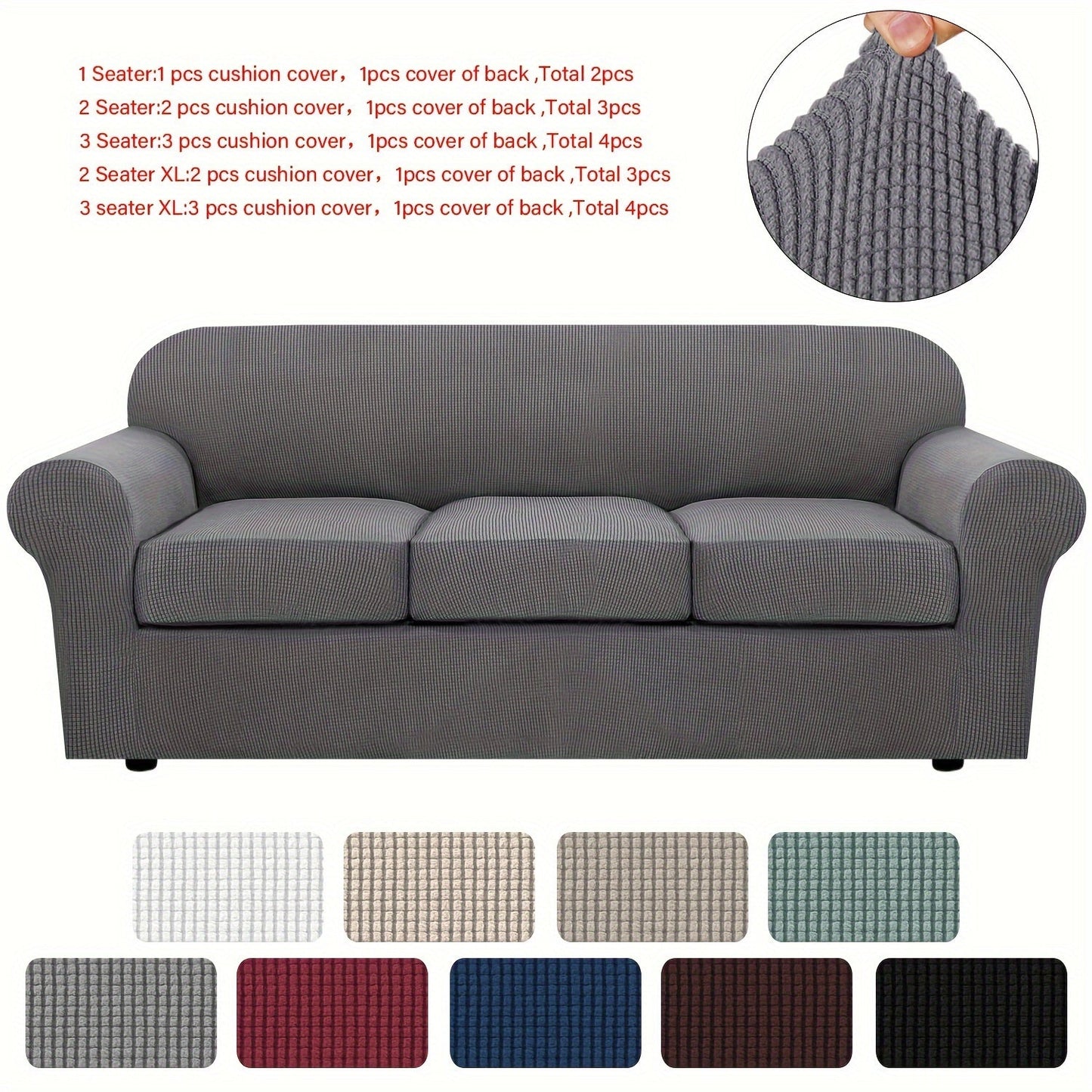 Sofa Cover Grid Jacquard Elastic Full-Cover Slipcover with Anti-Slip Fit for 1 to 3 Seats and XL Sofas