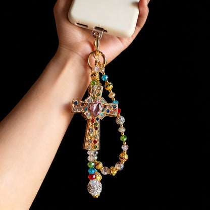 Colorful Crystal Cross Phone Chain Keychain with Rhinestone Beads and Gold-Tone Clasp for Bags or Phones