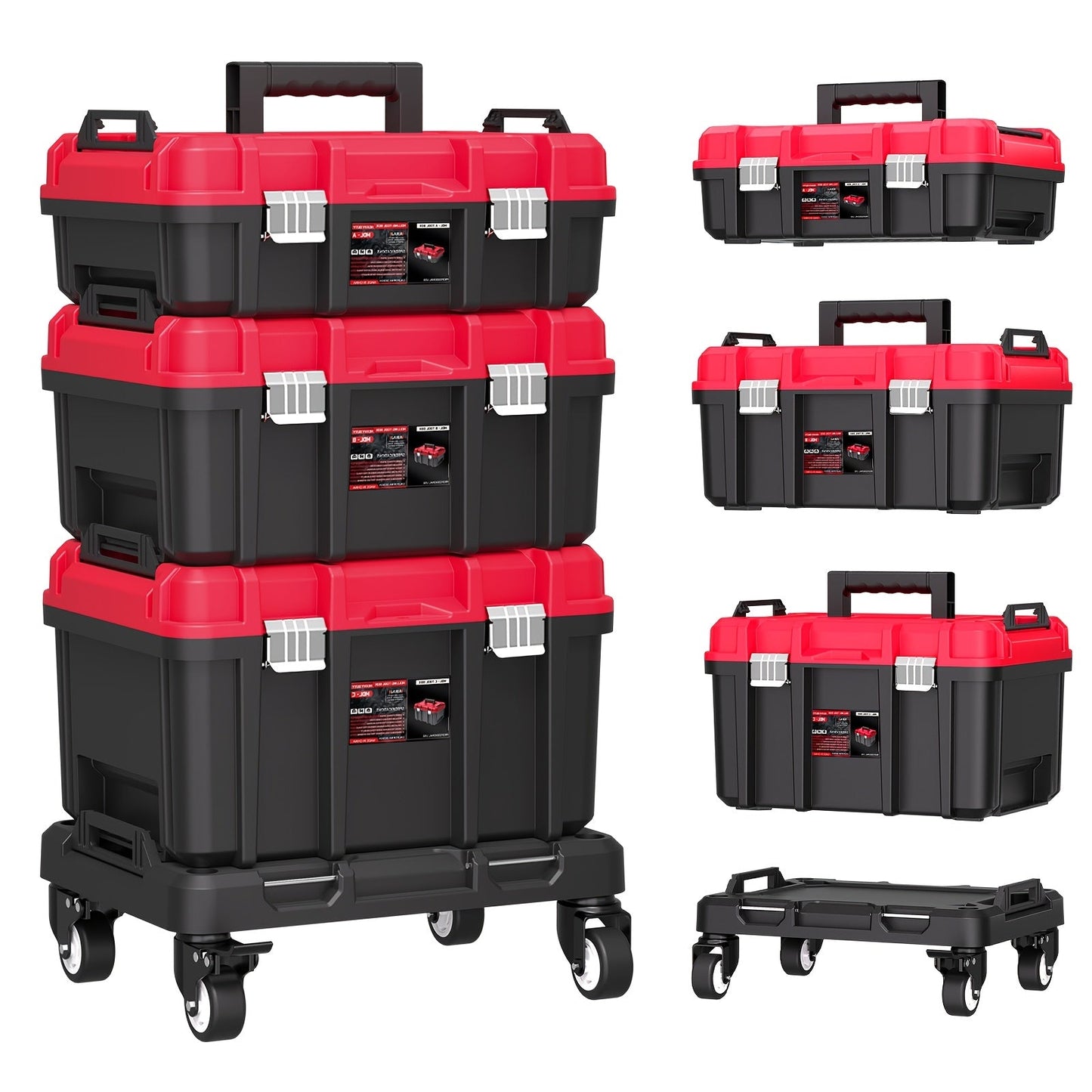 Rolling Tool Box with Wheels 3-Tier Stackable Organizer | Lockable Compartments, Connected Storage, 17" Large Plastic Toolbox for Garage, Home & Professional Work
