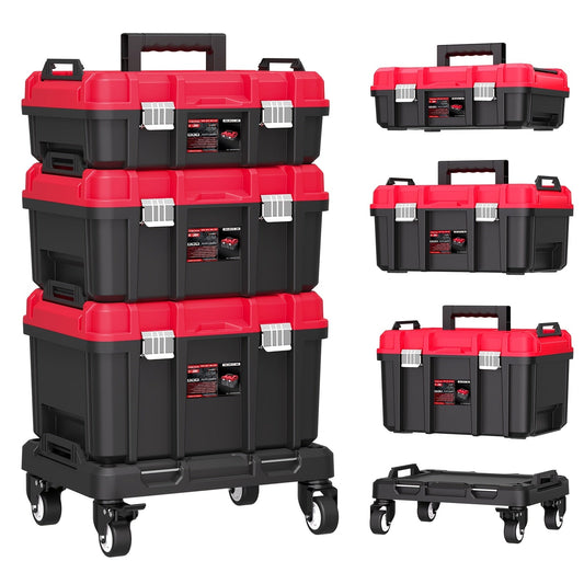 Rolling Tool Box with Wheels 3-Tier Stackable Organizer | Lockable Compartments, Connected Storage, 17" Large Plastic Toolbox for Garage, Home & Professional Work