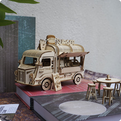 Wooden Food Truck 3D Puzzle Model Kit with Burger Stand Body, Miniature Tables and Pictured 21.5 cm Length