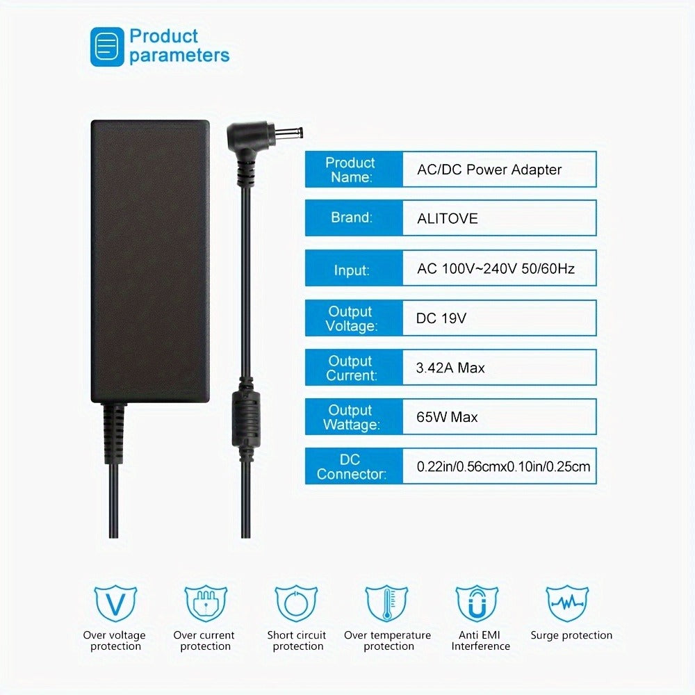 Fixed 19V 3.42A 65W Power Adapter with No-Tip or Nine-Tip Connector Configuration and US Cord