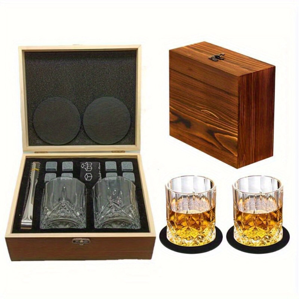Whisky & Wine Glass Set with Cooling Stones, Ice Tong & Bartender Kit – Portable Bar Accessories for Luxurious Drinking Experience, No Electricity Needed