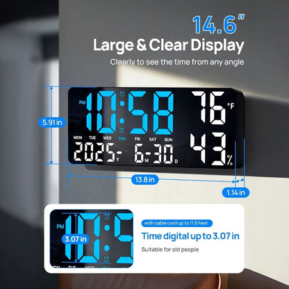 14.6-Inch Digital LED Wall Clock with Remote, Date, Weekday, Temperature and Humidity Color Options