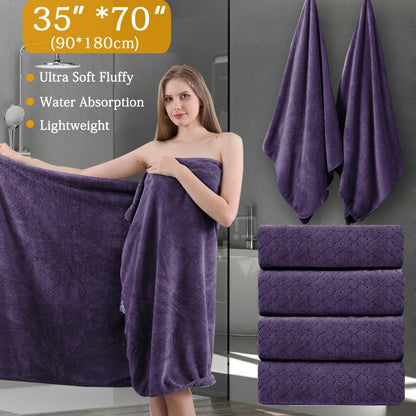 Oversized Bath Towel Set 4 Piece Diamond Pattern Microfiber - Ultra Soft Highly Absorbent Quick Dry | 10 Colors | Blue Green Black Gray Navy Orchid Brown Purple White Turquoise | Bathroom Hotel Gym Gift