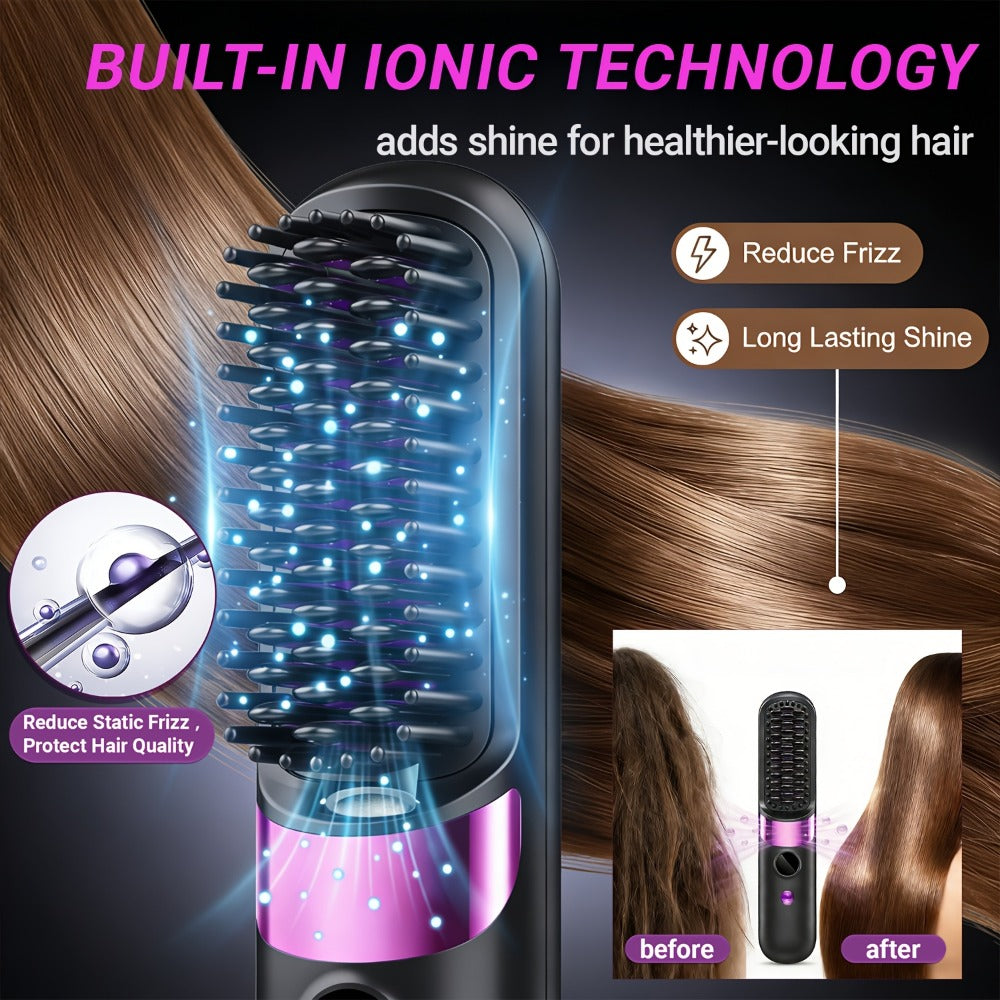 Ionic Hair Straightener Brush USB-C Rechargeable 3-in-1 Straightener Curler Styler — Adjustable Temperature, Anti-Scald Bristles, Frizz Control & Shine Boost, Salon Results at Home for All Hair Types