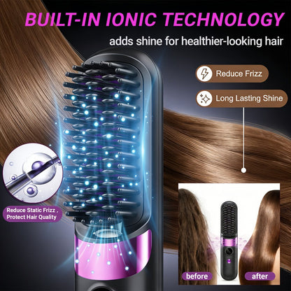 Ionic Hair Straightener Brush USB-C Rechargeable 3-in-1 Straightener Curler Styler — Adjustable Temperature, Anti-Scald Bristles, Frizz Control & Shine Boost, Salon Results at Home for All Hair Types