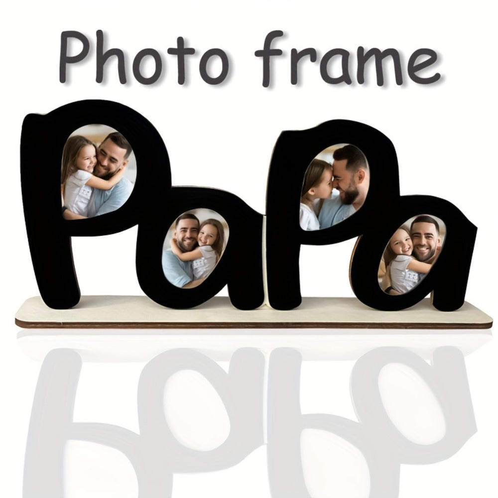 Papa Wooden Desktop Photo Frame, 12.5 x 5.5 Inch Letter-Shaped Display with Four 1.7 x 2.1 Inch Photo Openings