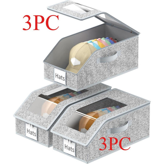 3-Pack Stackable Hat Organizer Box for Baseball Caps with Clear Window Lid, Foldable Cap Storage Holder for Closet Bedroom Shelf