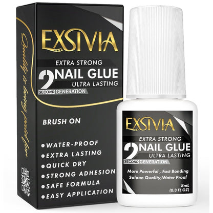 Nail Glue, EXSIVIA 10ml Brush-On Bottle with Fine Applicator for Press-On Nails, Acrylic Tips and Nail Art