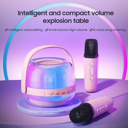 Portable Karaoke Machine with 2 Wireless Microphones, 3-Piece Bluetooth Speaker Set, Ambient Night Lamp Lighting, Birthday Gift for Adults, Kids & Bedroom Home Entertainment