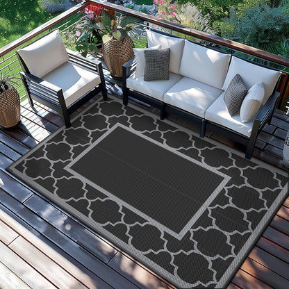 Reversible Outdoor Rug in Multiple Geometric, Border and Leaf Patterns with Displayed Sizes from 5 x 8 to 9 x 12 Feet